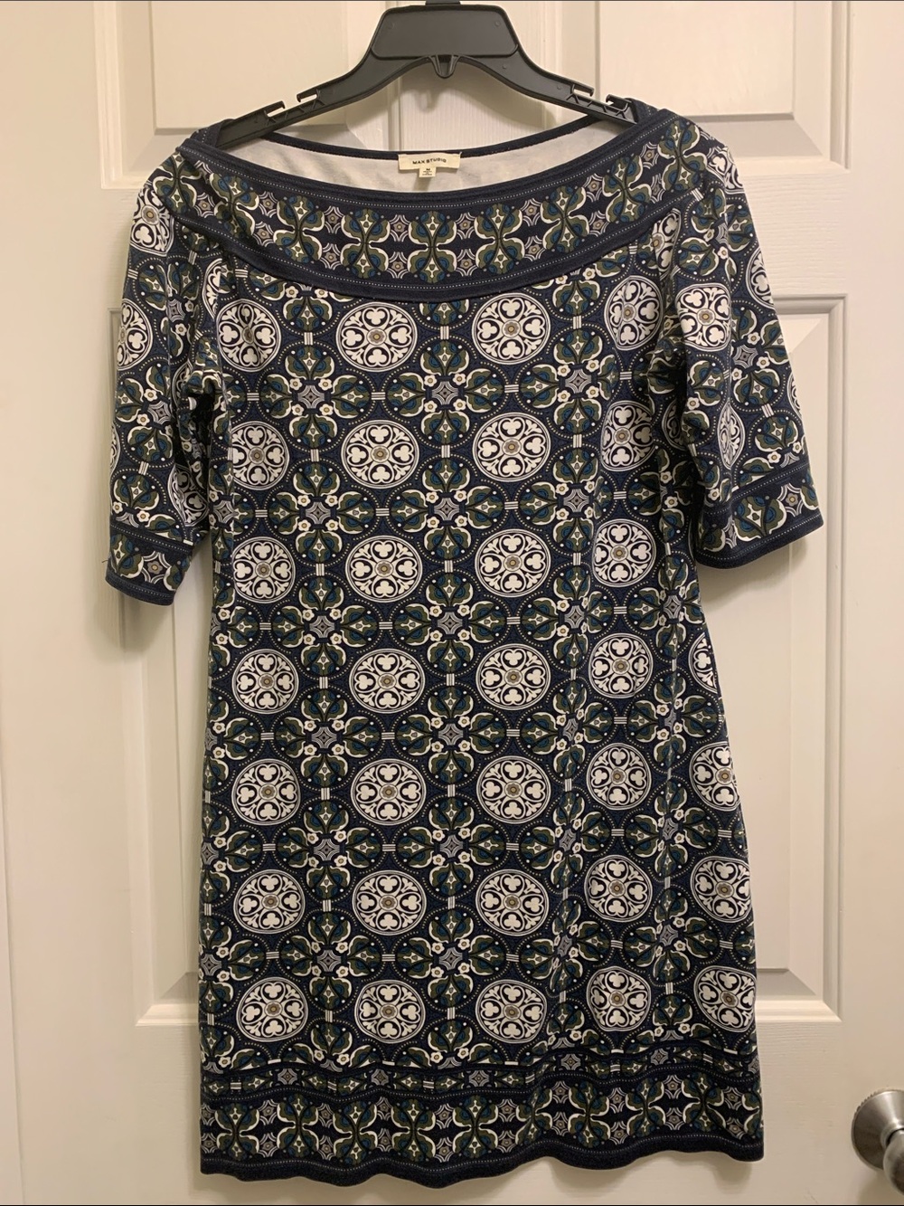 Max Studio Navy, White and Green Printed Midi Dress